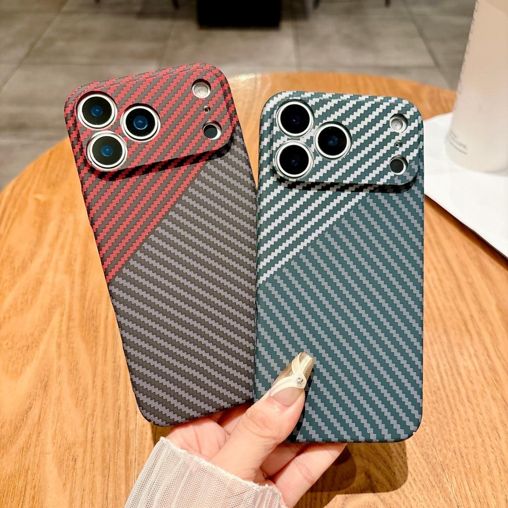 Slim Carbon Fiber Kevlar Texture Hard Plastic Phone Case For iPhone 17 Air 16 15 14 13 12 11 Pro Max Plus Shockproof Armor Cover