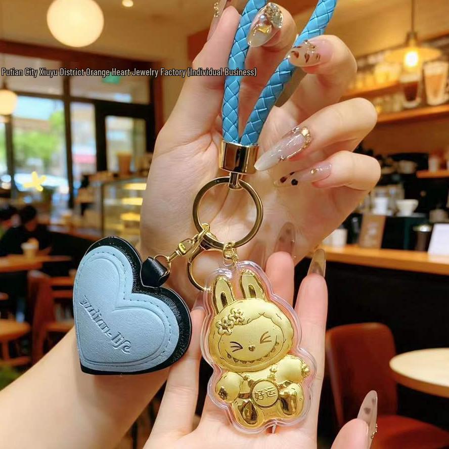 999 Pure Gold Labubu Keychain & Phone Charm with Gold Ornament: Cartoon Bag Charm Gift
