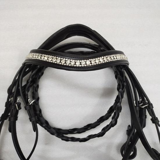 Leather Padded Dressage Bridle with White Colour Stone and Leather Plaited Reins.