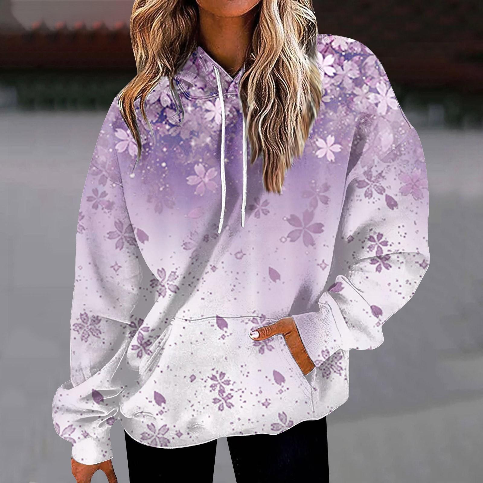 

Женская мода, свободная повседневная повседневная толстовка с длинным рукавом и цветочным принтом, топ XL фиолетовый