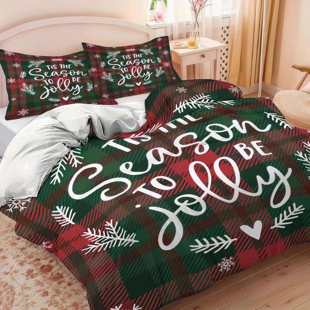 3pcs Checkered Christmas Print Coreless Bedding Set Multiple Size Bedrooms Dormitories All Season Comfortable Machine Washable