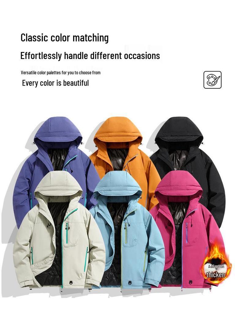 Unisex Windproof & Waterproof Hooded Mountaineering Jacket - Thickened Cotton with Fleece for Warmth