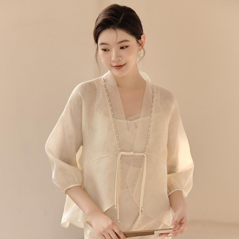 

Нежный китайский стиль ретро литературный простой жемчужный элегантный костюм