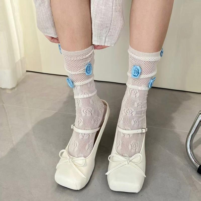 Womens Floral Lace Pattern Crew Socks Soft Nylon Blend Colorful 3D Rose Flower Mesh Fishnet Middle Calf Socks Daily Wear