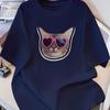 Cool Cat With Heart Sunglasses Graphic Print T-Shirt,Lightweight T-Shirt Breathable Cool, Comfortable Wear