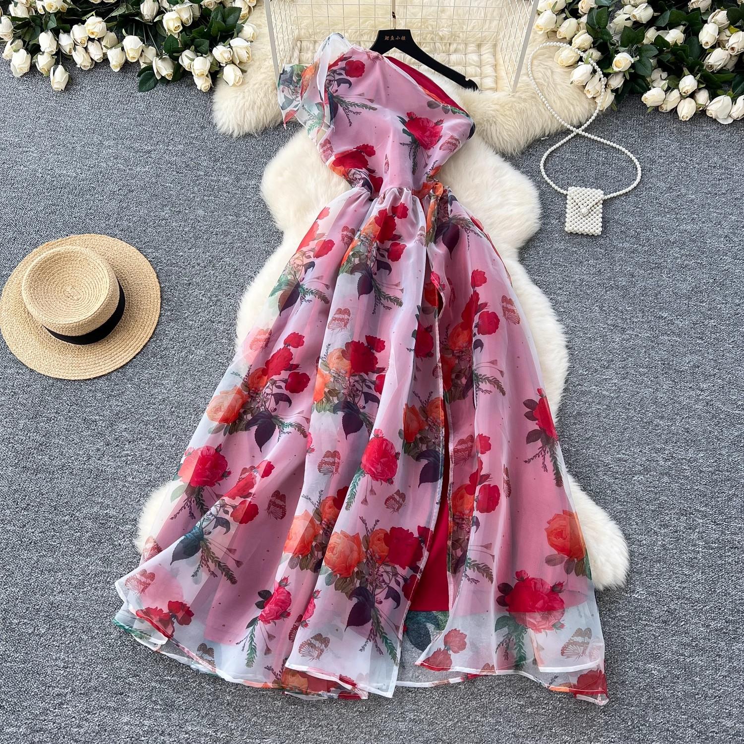 

Летнее великолепное платье из органзы с цветочным принтом, женское платье на одно плечо с бантом и цветочным принтом, с высокой талией, в стиле бохо, с длинным разрезом XXL красный