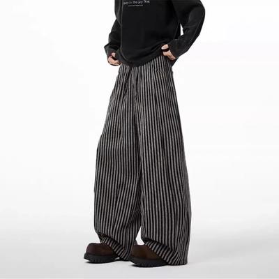 Autumn Men Striped Wide Leg Pants Drawstring Waist Casual Baggy Trousers