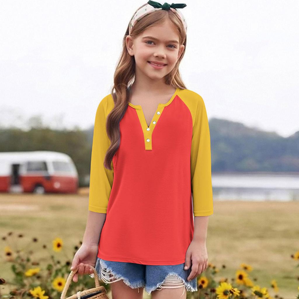 Print Tops For Youth Girls Round Neck 3/4 Sleeves T-Shirts Trendy Tops Outfit Tees