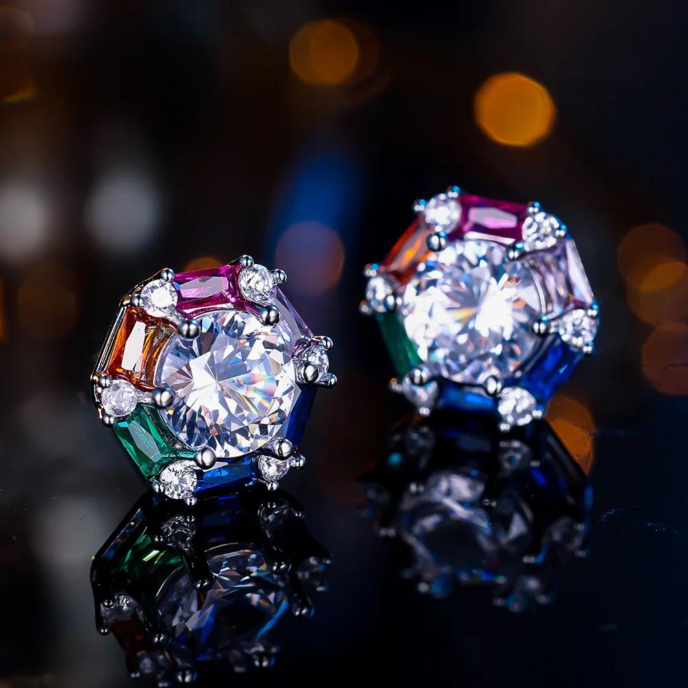 Cute Rainbow Zircon Stud Earrings for Women Luxury Gold Silver Color Wedding Jewelry Gift
