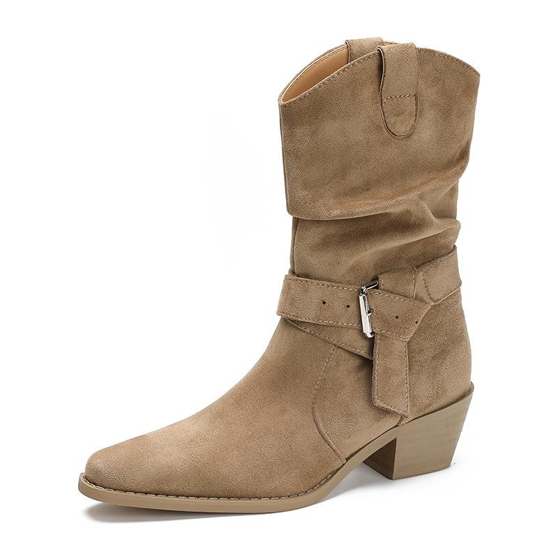 Inner Height Increase~ Short Boots Coarse Heel Frosted Western Boots Ins Trendy High Heel Pile Boots Skinny Versatile Folded Knight Boots