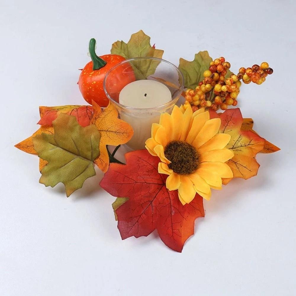 Artificial Candle Ring Wreath Handmade Maple Pumpkin Wreath Autumn Floral Garland Table Decor