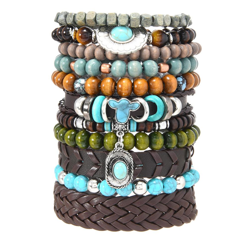Leather Bracelets for Men Women Handmade Wrap Woven Cuff Bracelets Wooden Beaded Bracelets Vintage Ethnic Tribal Wristbands Bracelet Set Adjustable