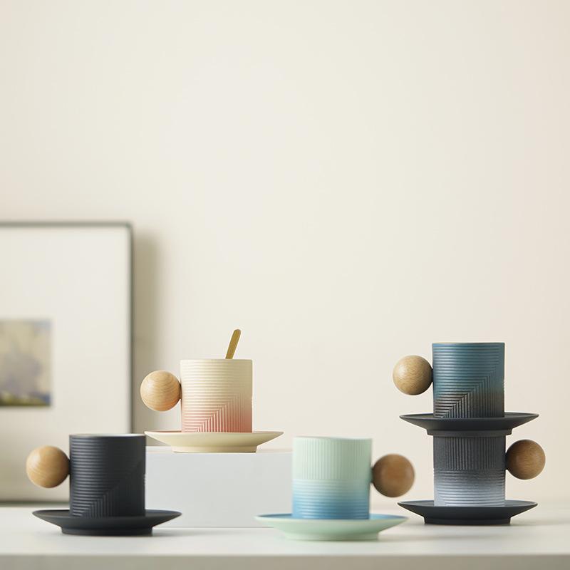 Gradual Change Ceramic Coffee Cup and Saucer Set High Value Afternoon Tea Cup Retro Rough Pottery Mug Latte Cup