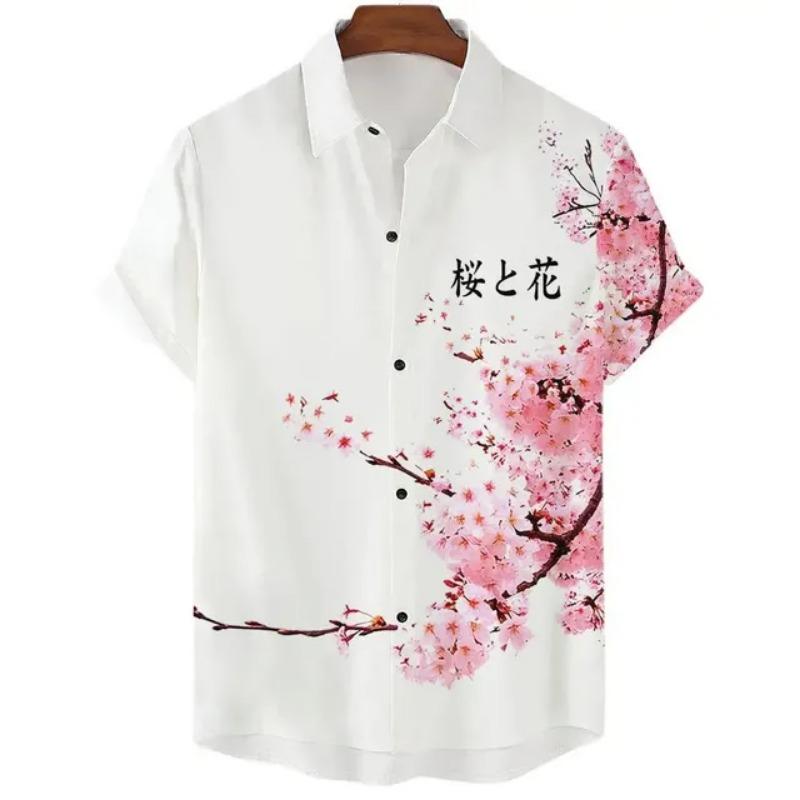 Fashionable Luxury Social Men's Shirt Lapel Button-down Shirt Casual Japanese Aesthetic Cherry Blossom Print Short-sleeved Tops