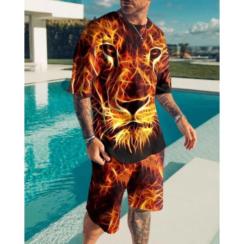 Roar Golden Lion Head Short Sleeve 2Pcs Set 3D Print Men Sweatshirt O-neck T-Shirt Set Men Oversized Tshirt Suit Men Clothes