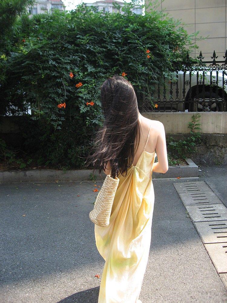 French Fairy Yellow Gradient V-Neck Spaghetti Strap Beach Dress for Women
