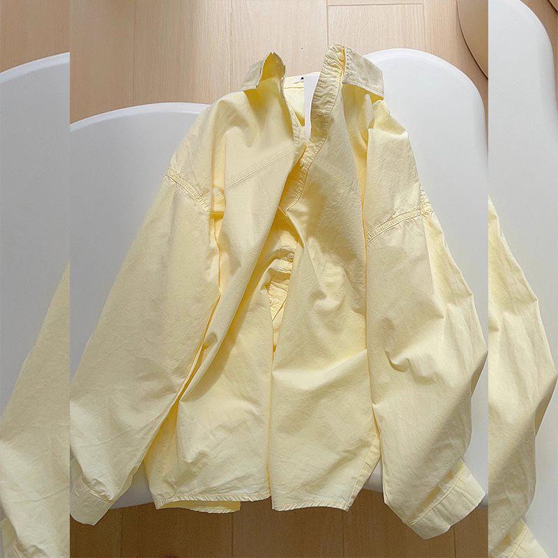 Women's Milky Yellow Layered Long-Sleeve Loose Shirt Jacket - Petite Casual Spring/Autumn Top