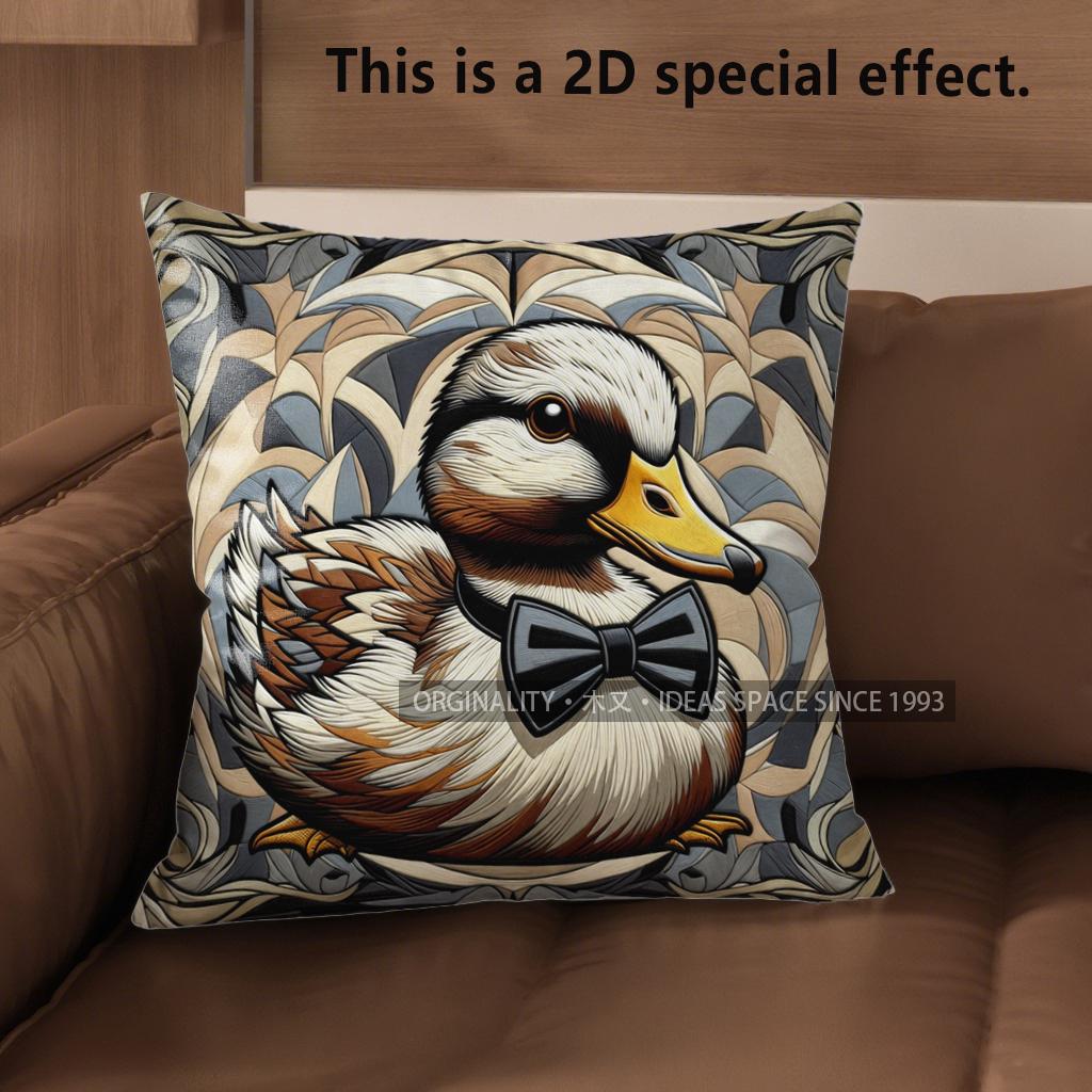 

2D Adorable Bow-Tied Duck-Patterned Cushion Covers Pattern Cushion Cover Suitable For Sofa Bedroom Car Pillow Cover 40x40cm