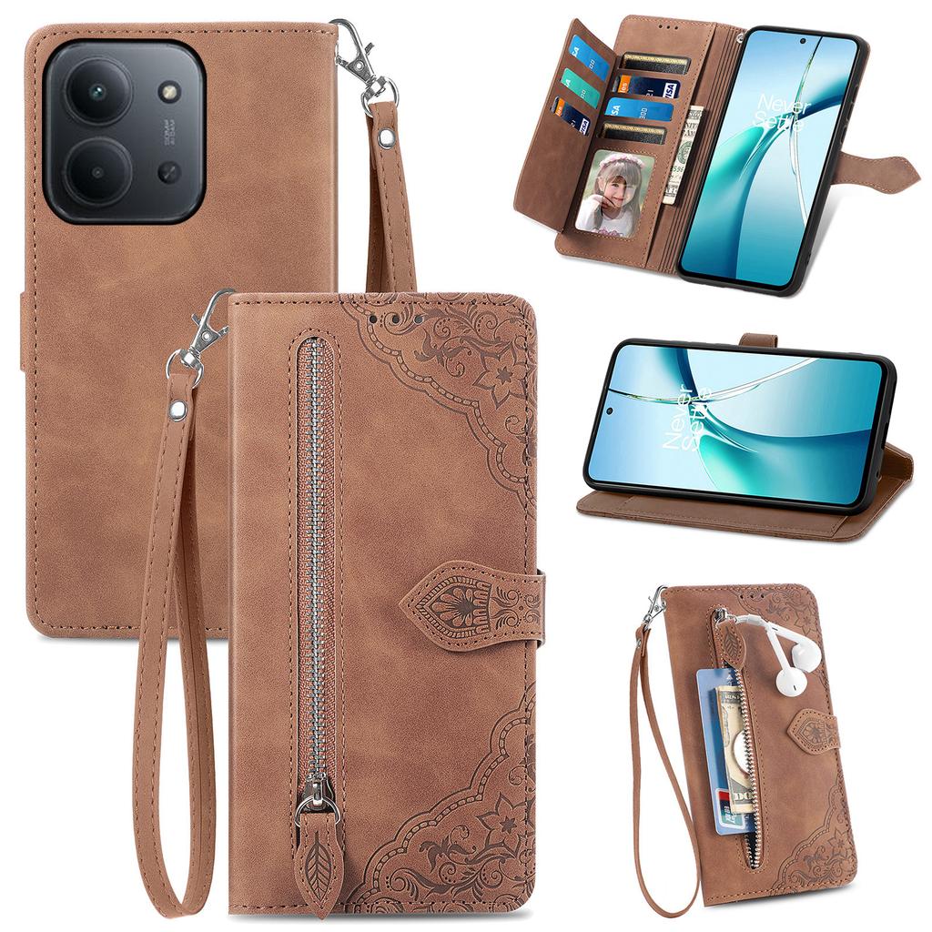 Pro Xiaomi Redmi 15C 4G (Globální) (171 mm)/Poco C85 4G (171 mm) Peněženkové pouzdro na zip s popruhem Květinový potisk Kryt na telefon z PU kůže