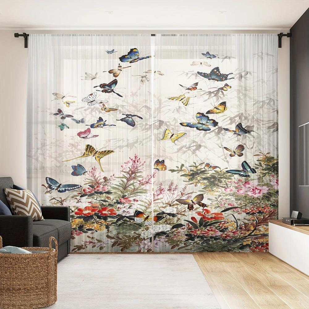 2 Paneele Schmetterling Voile Gardine Transparent Vorhang für Schlafzimmer Wohnzimmer Jalousien Fenstergröße kann angepasst werden 240*270