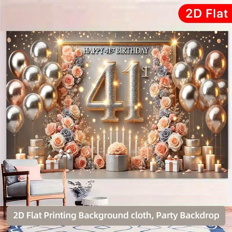 

2D Floral 41st Birthday Backdrop, 2D Flat Glitter Silver & Flower Background for Elegant Party Decoration 47.2x31.5inch/120*80cm