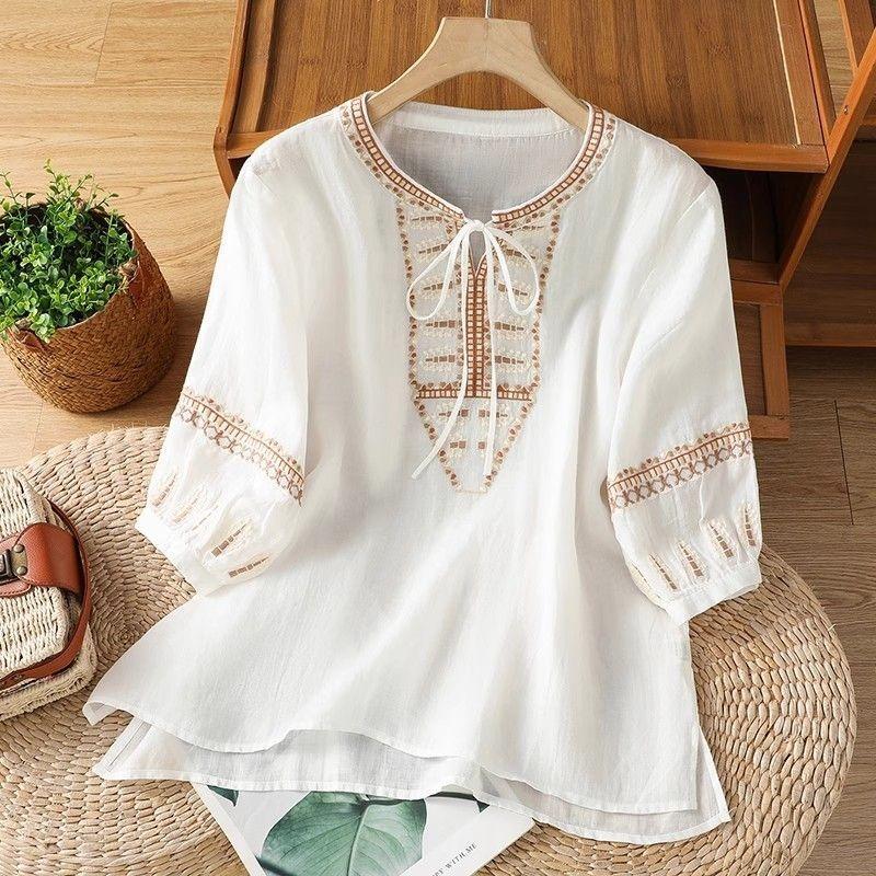 Cotton and Linen Top Women's Summer Embroidered Literary Retro Cotton and Linen Shirt Pullover Three-quarter Sleeve