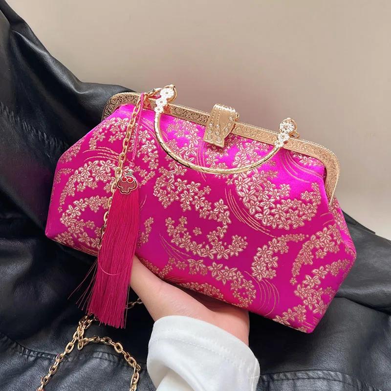 Luxury Evening  For Women  Designer  Lock  Shell Clip  Handmade  Tassel  Fabric Bags  Shoulder Chain Bags  Orange Messenger Bags