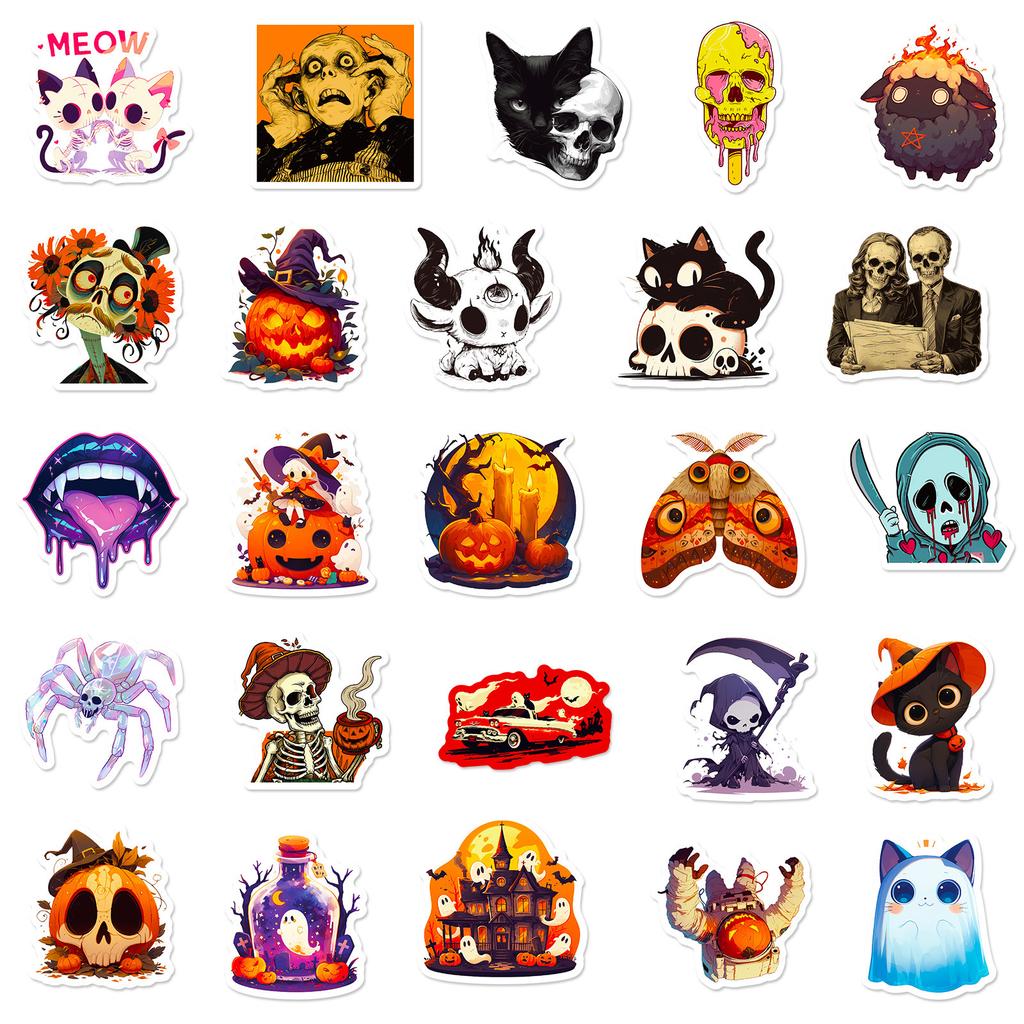 50 Halloween Stickers Skull Pumpkin Witch Grim Reaper Black Cat Cartoon Graffiti Stickers Halloween Stickers