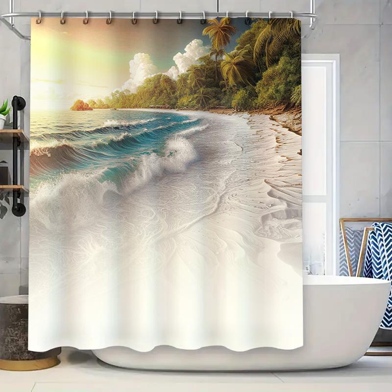 

Beach Shower Curtain Beautiful Ocean Waves Palm Trees Design For Bathroom Decor Waterproof Fabric White And Blue Color Scheme 90x180cm