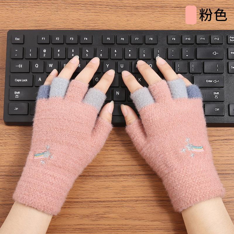 Autumn and Winter Cold-proof Plush Knitted Gloves Imitation Mink Cartoon Women's Plush Warm Half-finger Gloves