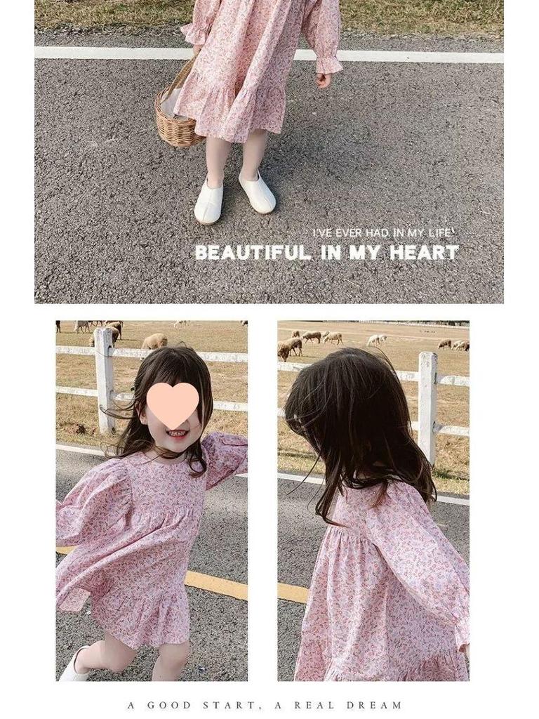 Girls' Floral Long-Sleeve Mid-Length Spring 2025 Princess Dress - Korean Pastoral Style
