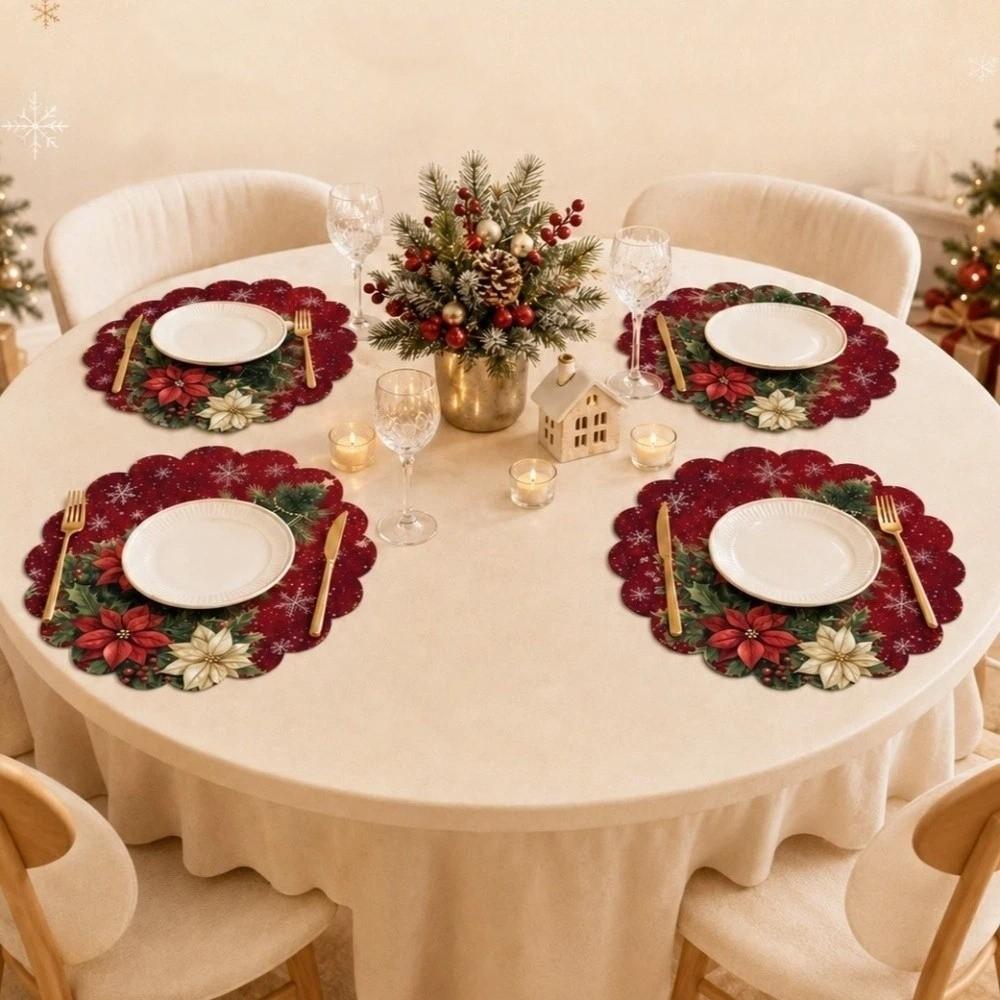 4pcs Coaster Christmas Table Placemat Snowman Elk Round Dining Mat Xmas Table Mat  Table Setting