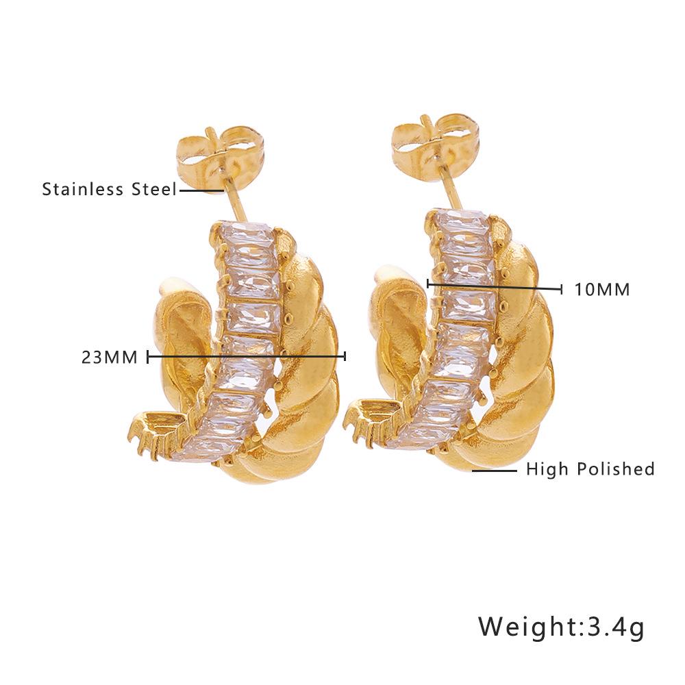 18K Gold Plated C-Shaped Twisted Stainless Steel Earrings with Inlaid Diamonds - High-end Titanium Steel Accessories