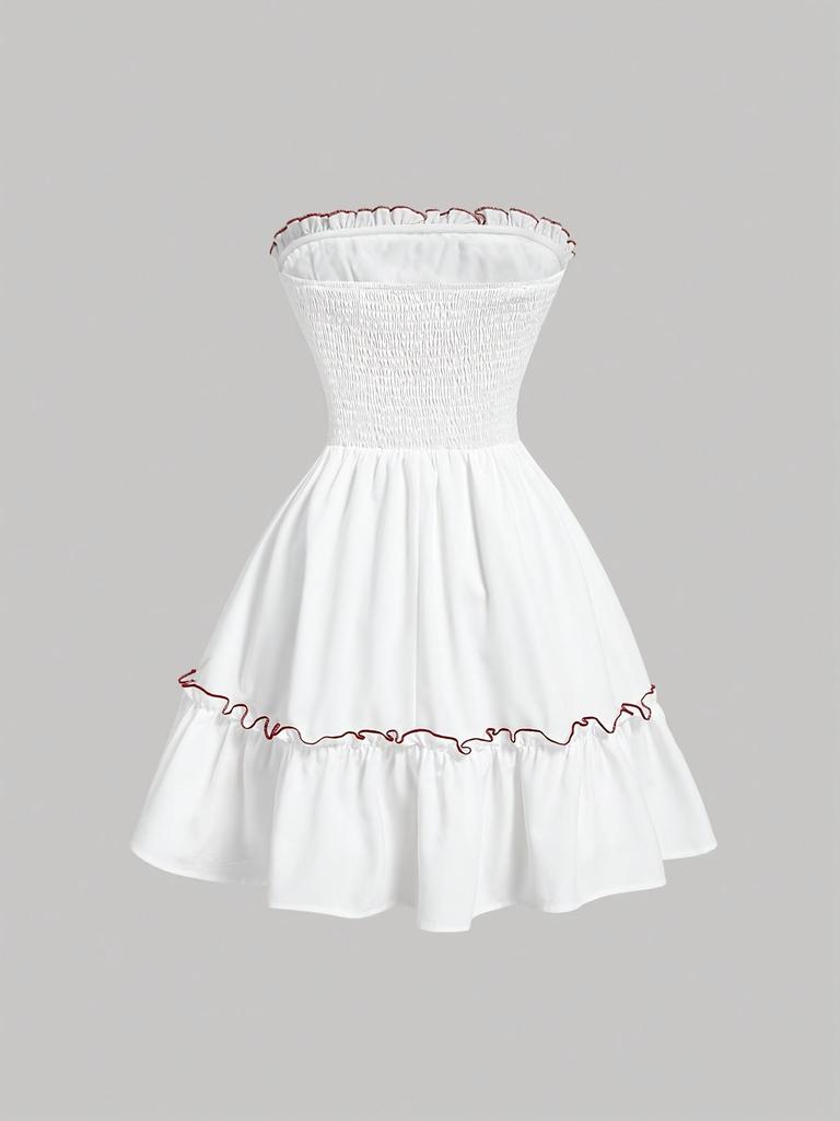 Retro Blumen-Patchwork-Tube-Top-Minikleid mit Rüschensaum für Sommer-Strandmode