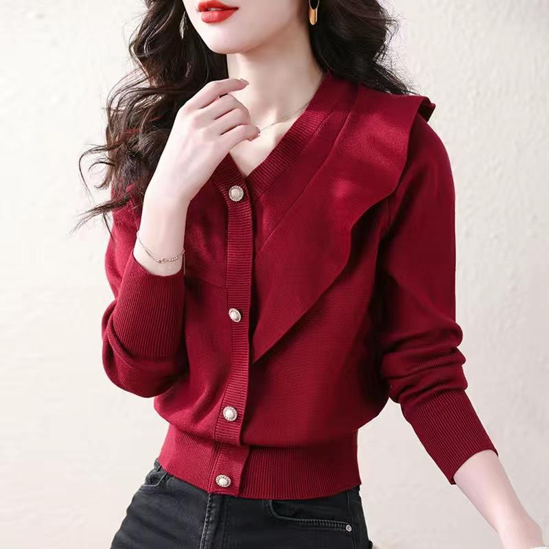 2024 осень и зима, новый красный свитер, весенне-осенняя одежда в стиле ретро с животными, нижний свитер с v-образным вырезом и длинными рукавами One size красный