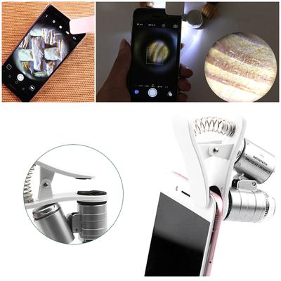 60X Büyüteç Aydınlatmalı Büyüteç Lens Taşınabilir Mikroskop Cep Telefonu Klipsli Bahçıvanlık Takı Değerleme İçin