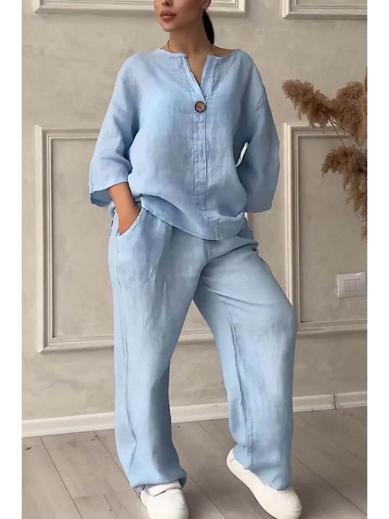 Damsort Plus Size Bomull Linne 2-delat Set med Skjorta & Vida Byxor