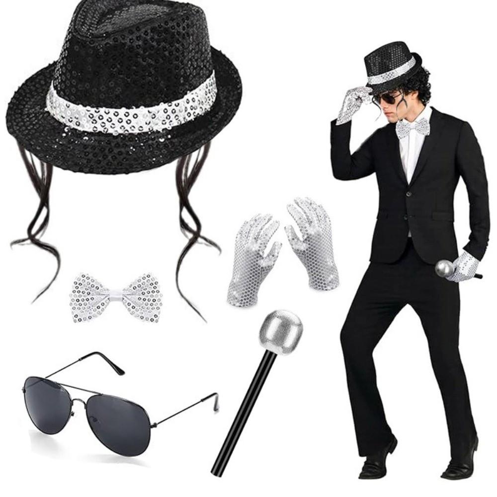 Rhinestone Gloves Costume Accessories Set Sequin Fedora Hat Halloween Costume 80s Theme Party