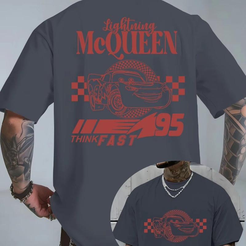 Car Lightning McQueen Adult White TShirt Lightning McQueen Text and Racing Pattern Back Unisex Women Oversize Cotton Top