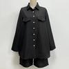 2 Pcs/Set Women Shirt Shorts Set Solid Color Long Sleeves Lapel Blouse