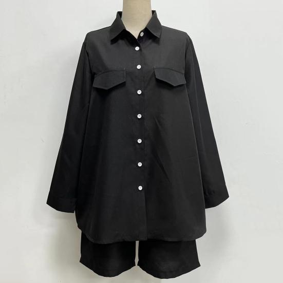 2 Pcs/Set Women Shirt Shorts Set Solid Color Long Sleeves Lapel Blouse