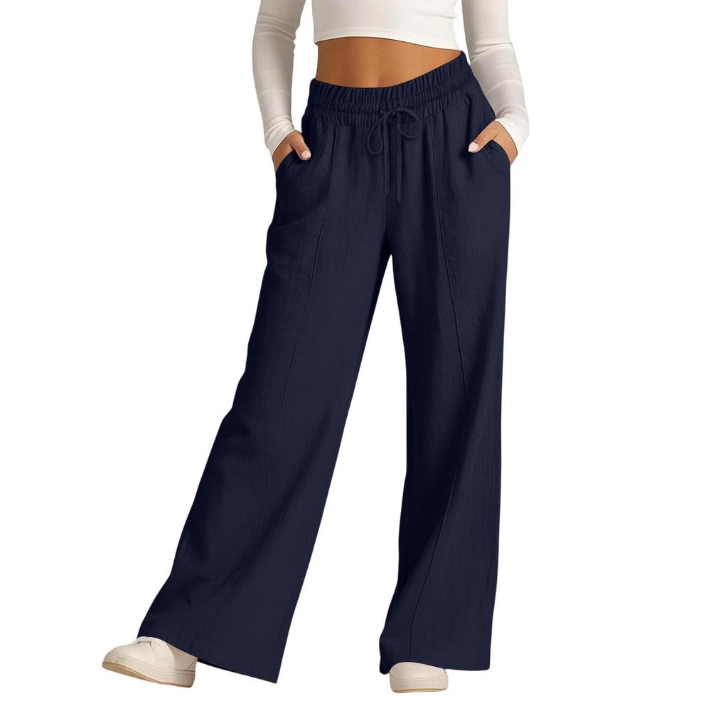 Women's Casual -Color High-Waisted Wide-Leg Drawstring Pants With Pockets