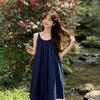 Robe sans manches à carreaux bleus style littéraire français Mori rétro petite fraîcheur vacances salopette longue