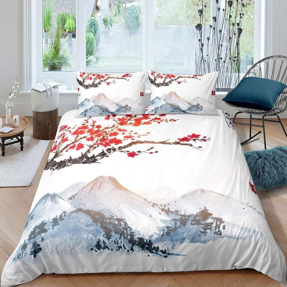 Japanischer Stil Weiche Bettbezug-Set für Mädchen Polyester Berg Fuji Warme Deckenbezug Kirschblüten Blume Tinte Hplus Gemalt Bequemer Bettdeckenbezug