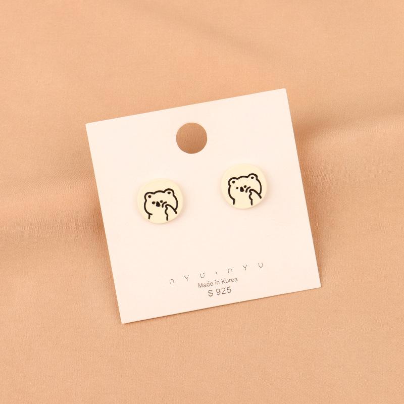 925 Silver Needle Creamy White Teddy Bear & Rabbit Stud Earrings - Simple, Versatile, Girlish Niche Design (B492X)