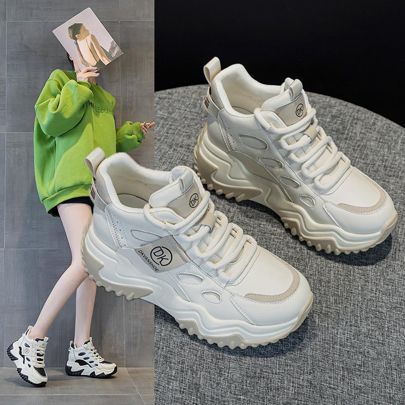 Dad Shoes Women's  Autumn/Winter New Leather Sponge Cake Thick Bottom with Velvet Casual Shoes