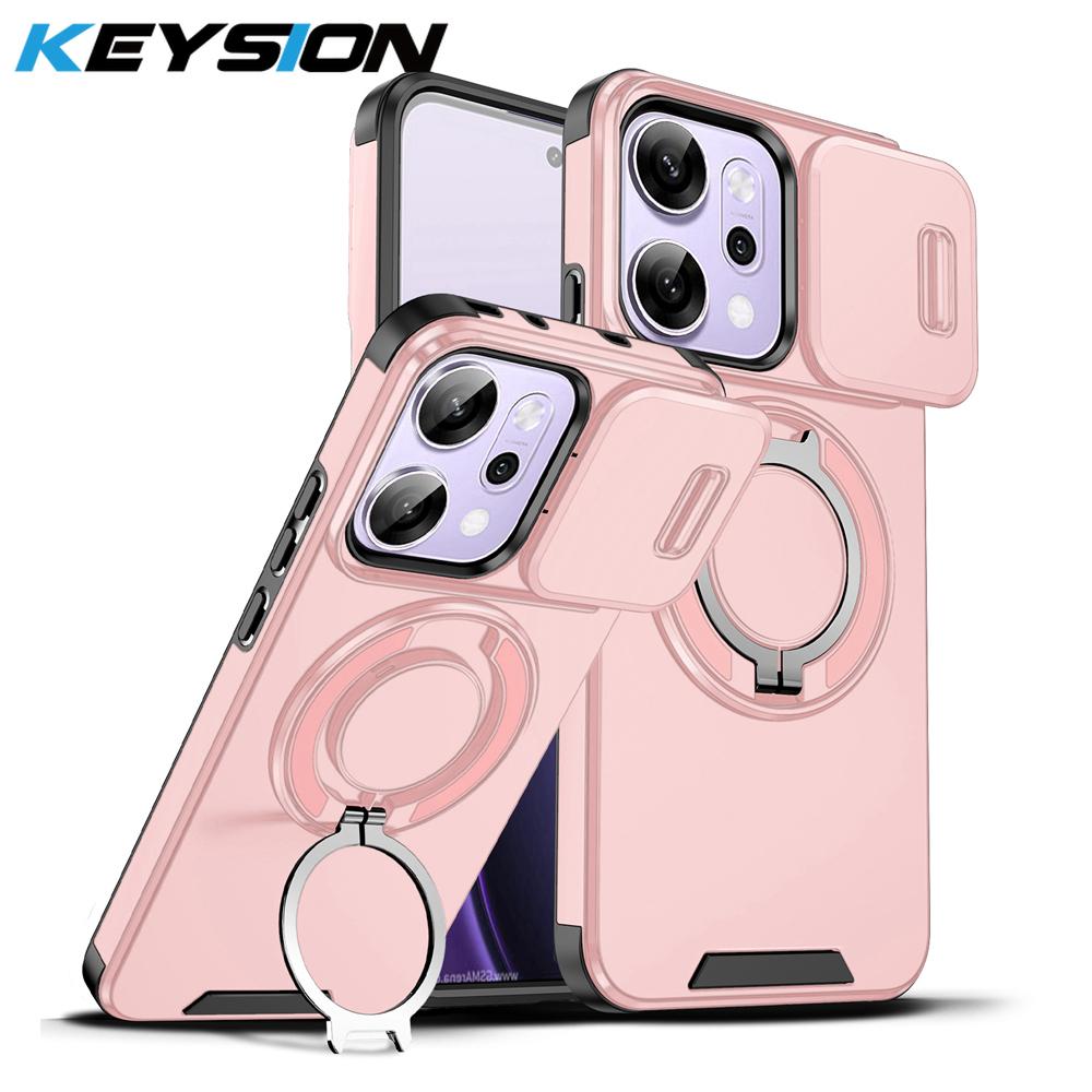 KEYSION 360° Ring Stand Phone Case for OPPO Reno14 Pro 5G Slide Camera Protection Magnetic Shockproof Cover for OPPO Reno14 F 5G