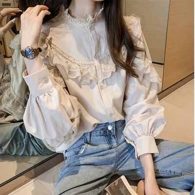 Lolita Style Autumn Spring Women Shirt Ruffle Collar Apricot Elegant Lace Splicing Female Cute Top Kawaii Lantern Sleeve Blouse