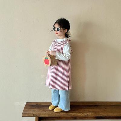 Kinder Koreanischer Stil Gestreiftes Westenkleid - 2025 Frühling/Herbst Trendiges Ärmelloses Kleid mit Langarm-Unterhemd