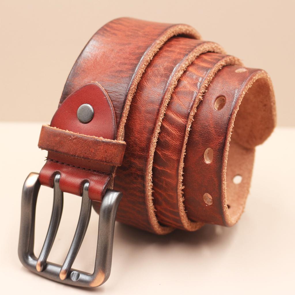 Retro Thickened Top-grain Cowhide Double-needle Belt, Men's Genuine Leather Trendy and Versatile Tough Guy Denim Belt